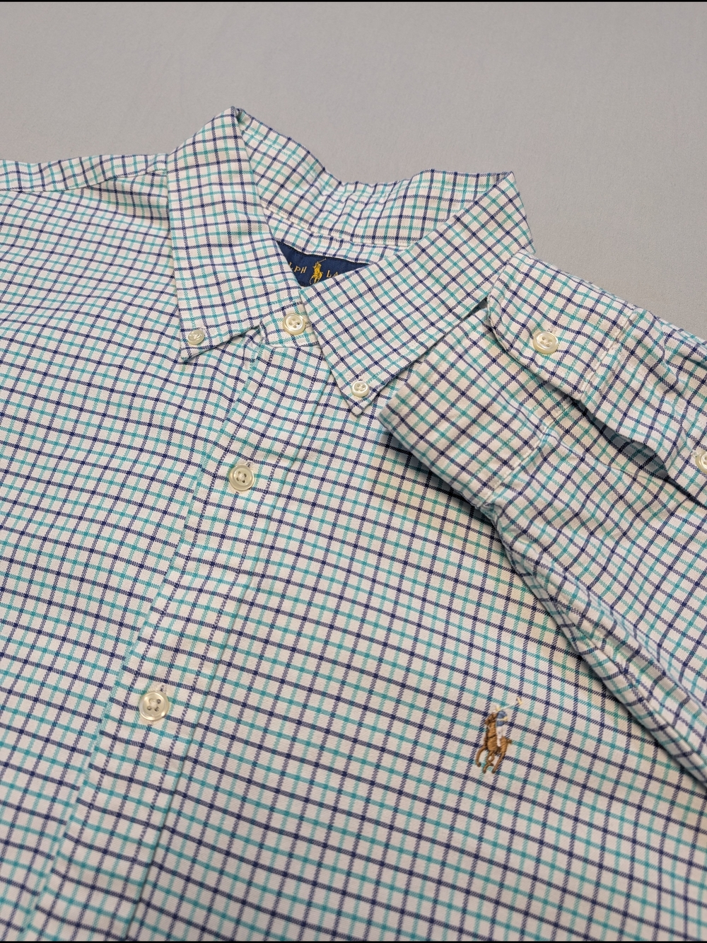 Ralph Lauren Oxford Shirt Mens 2XL Blue Green Plaid Long-Sleeve Classic Fit